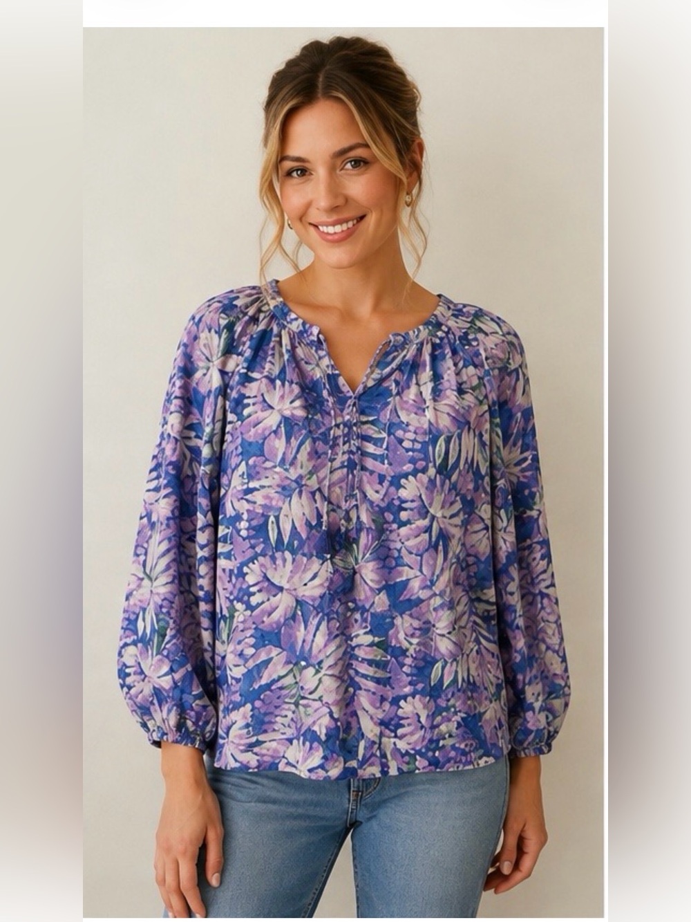 Tommy Bahama Lavender and Blue Floral Peasant Blouse
